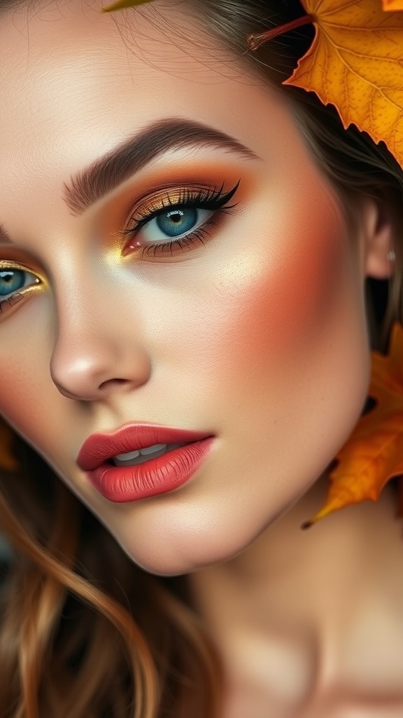 A model with warm-toned makeup, featuring brown and orange eyeshadow, gold shimmer, and a natural lip color, set against an autumn backdrop.
